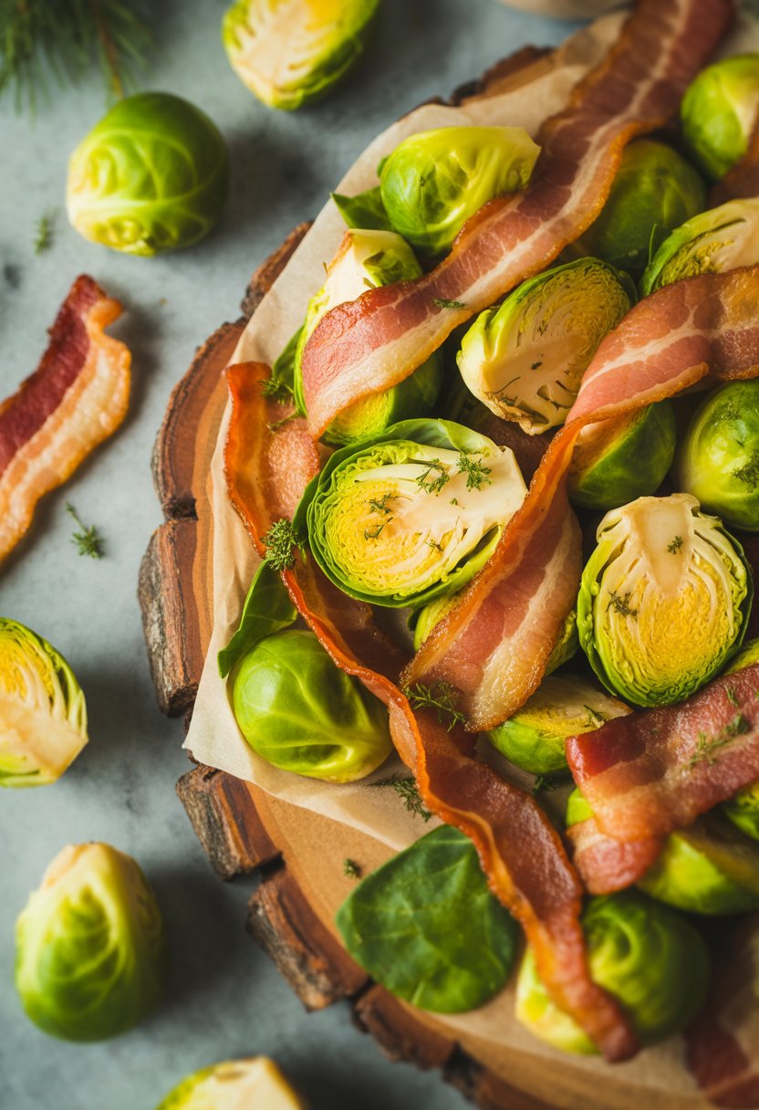 A plate of Brussels sprouts with crispy bacon on a rustic surface, surrounded by fresh ingredients.