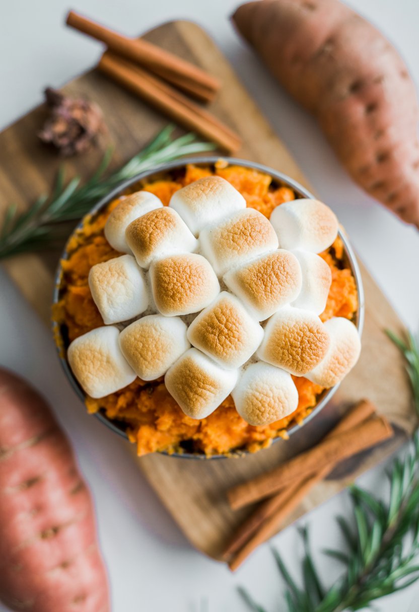 A sweet potato casserole topped with toasted marshmallows on a rustic surface, surrounded by fresh ingredients like sweet potatoes and cinnamon sticks.