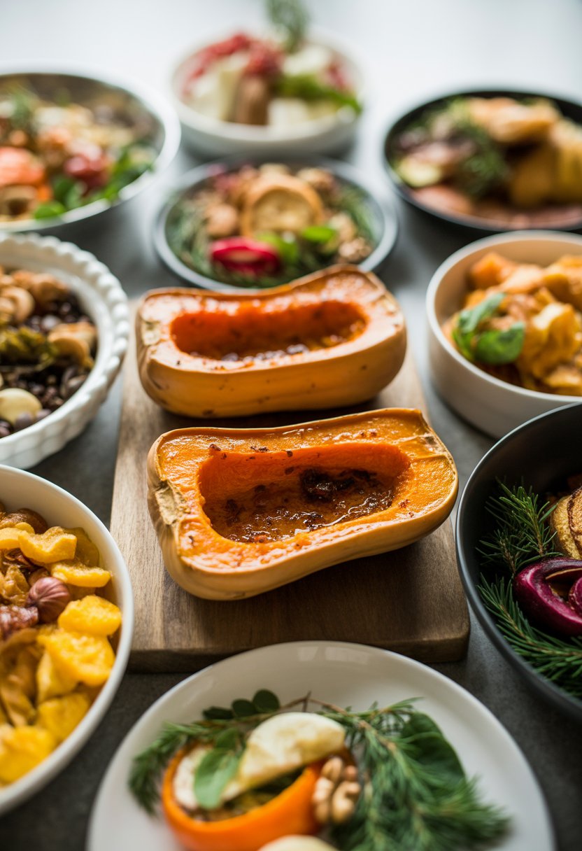 A festive spread of roasted butternut squash and eight other Christmas side dishes arranged on a rustic surface with fresh ingredients.