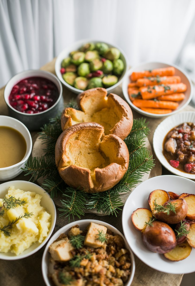 A festive spread featuring Yorkshire pudding and nine Christmas side dishes arranged on a rustic surface with bright natural light.
