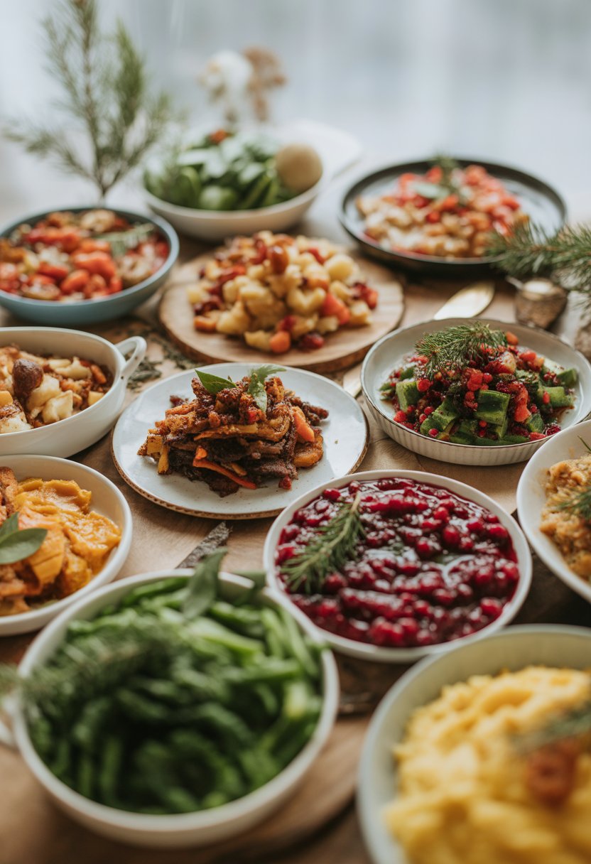A table with nine colorful Christmas side dishes arranged on a rustic surface, including vegetables, sauces, and mashed potatoes.