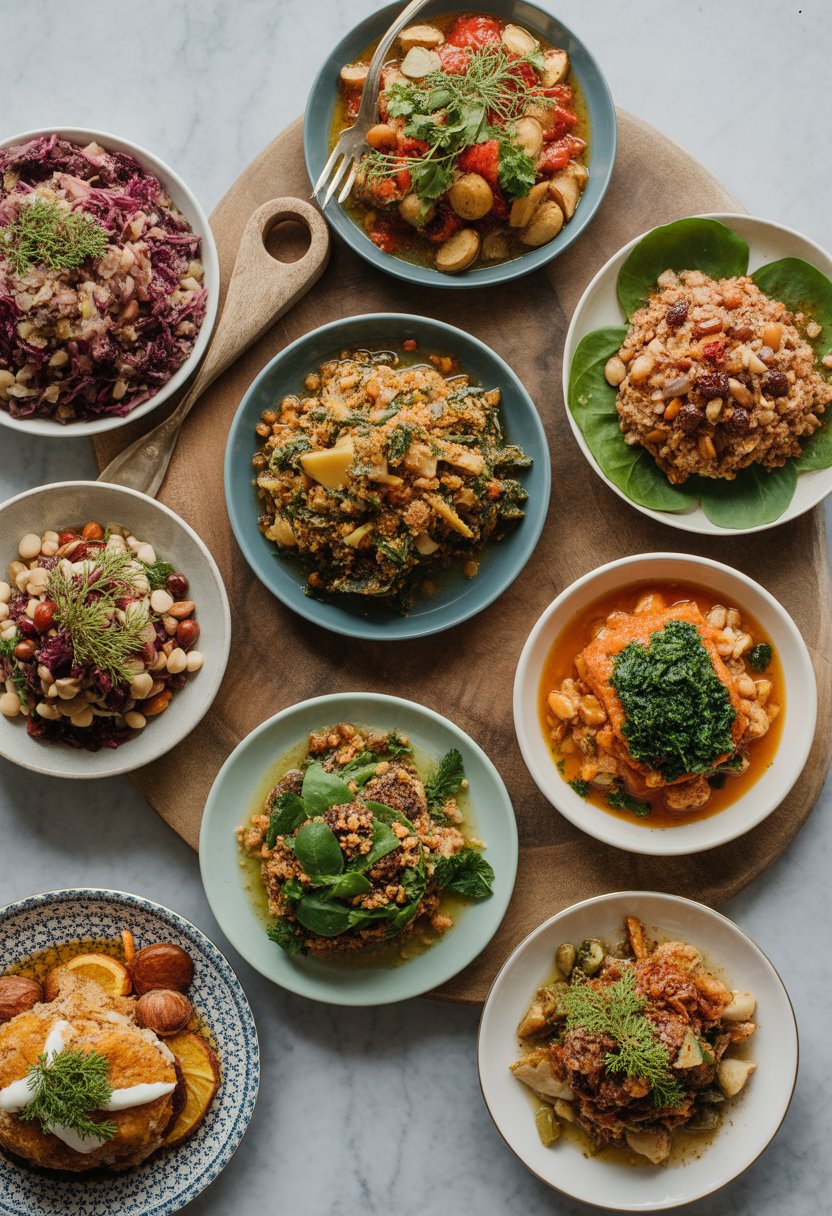 An overhead view of nine colorful Christmas side dishes arranged on a rustic wood or marble surface, featuring fresh vegetables, grains, and sauces.