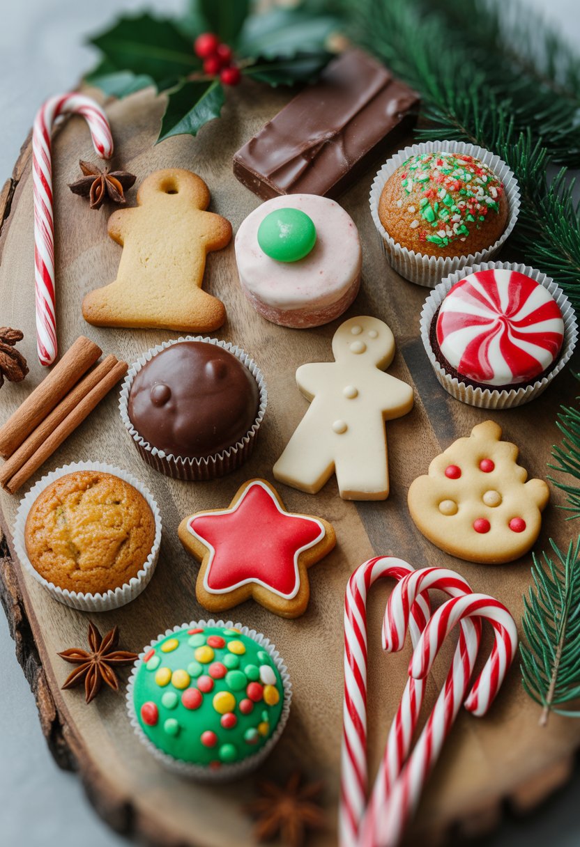 A top or angled view of ten different Christmas sweets displayed on a rustic surface with festive decorations around them.