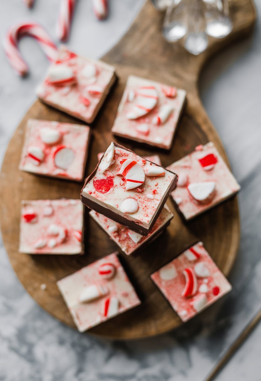 Ten pieces of peppermint bark with crushed candy canes arranged on a rustic wood surface.