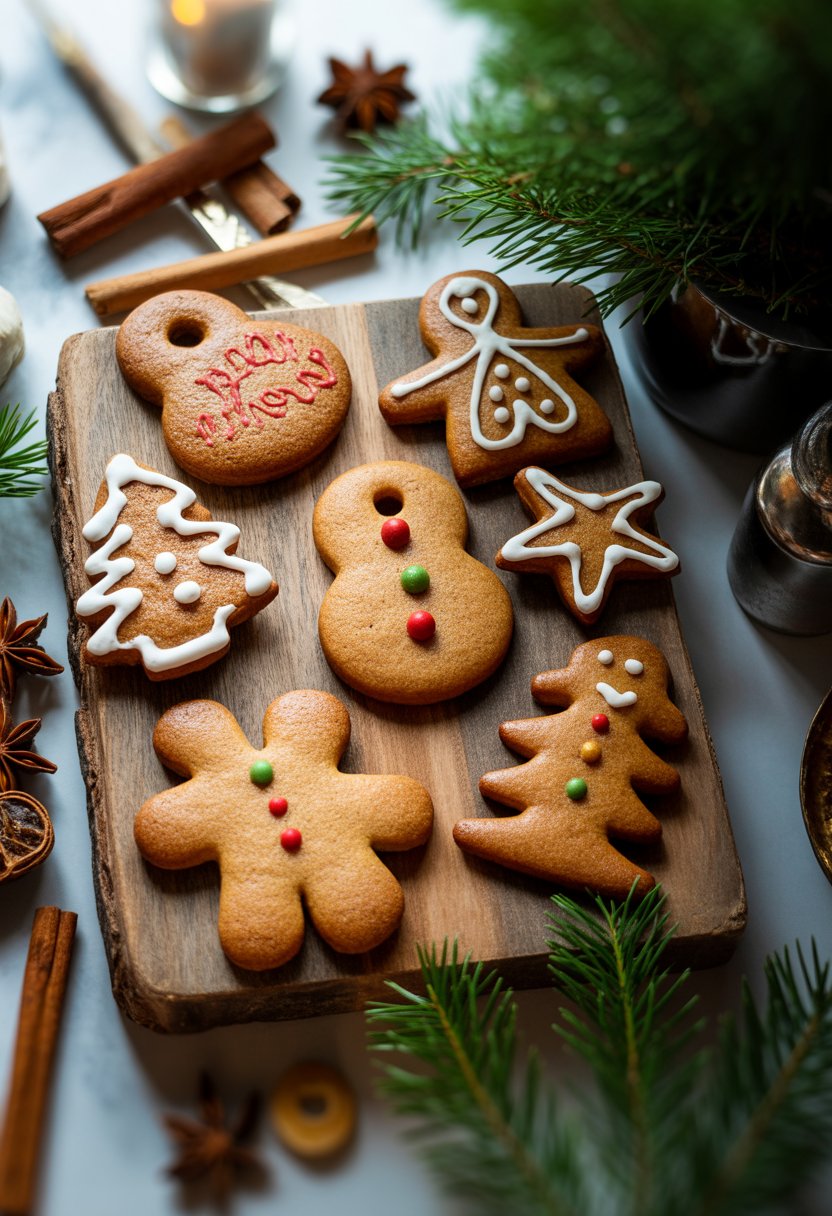 Ten decorated gingerbread Christmas cookies arranged on a rustic surface with festive spices and greenery around them.