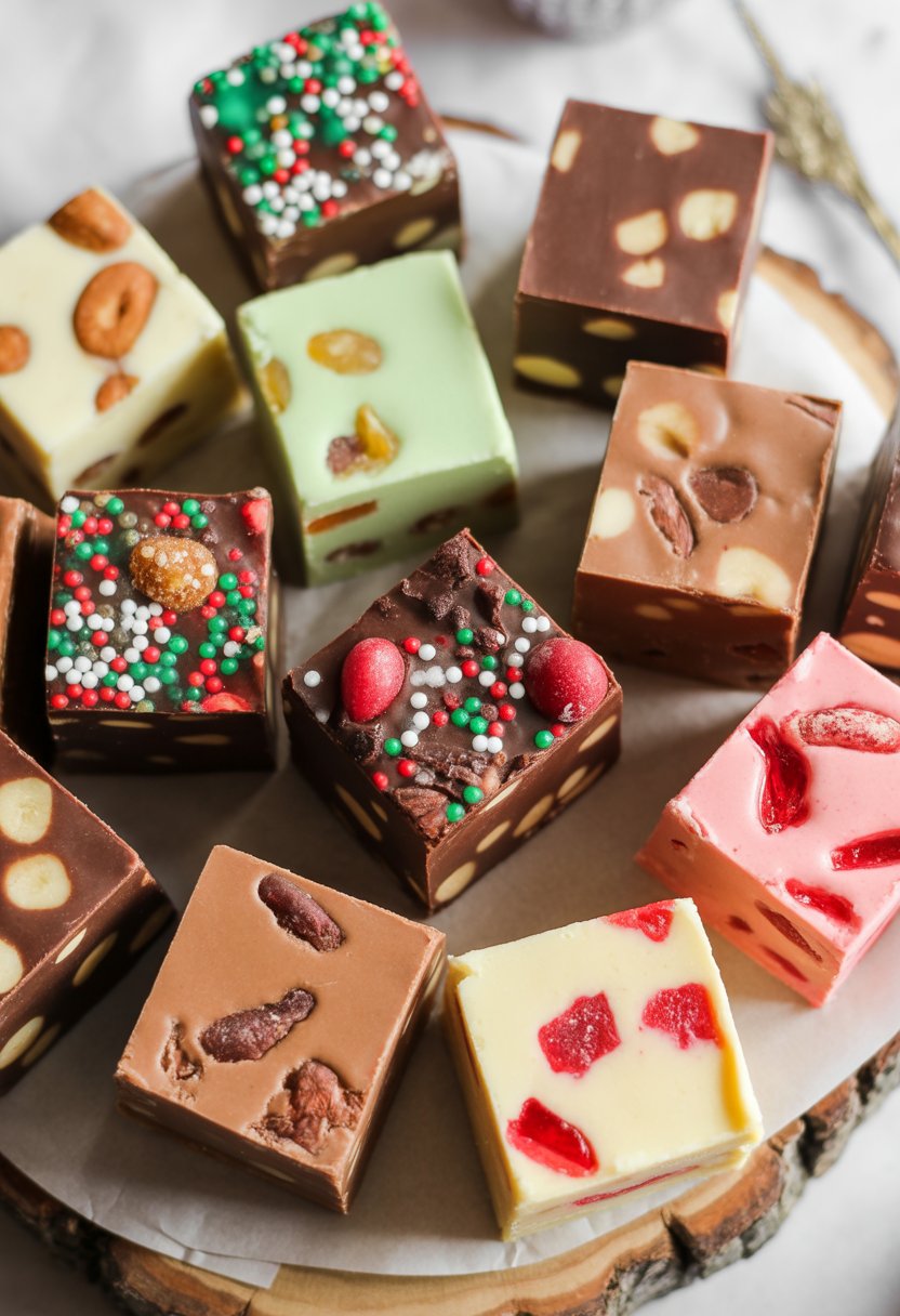 A close-up view of ten different no-bake fudge Christmas sweets arranged on a rustic surface, featuring various toppings and textures.