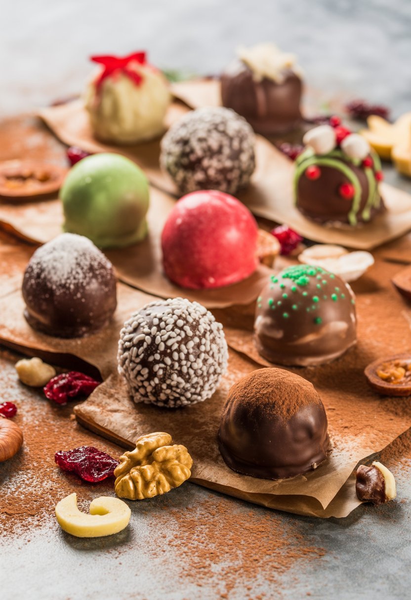 An overhead view of ten assorted holiday truffles and Christmas sweets arranged on a rustic surface with some scattered nuts and dried cranberries.