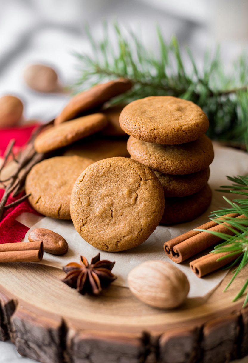 Close-up of chewy molasses cookies on a wooden surface with cinnamon sticks and festive greenery around them.