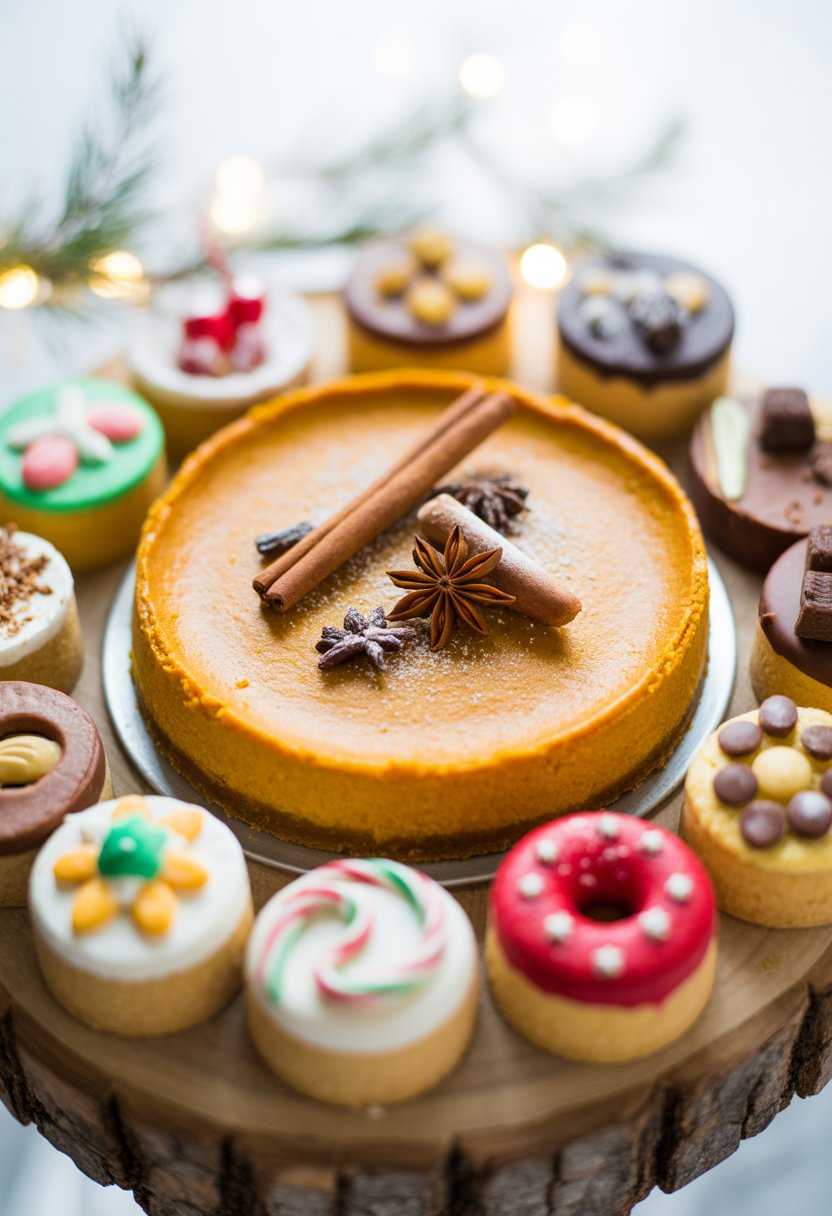 A spiced pumpkin cheesecake with various Christmas sweets arranged on a wooden surface, with a blurred background.