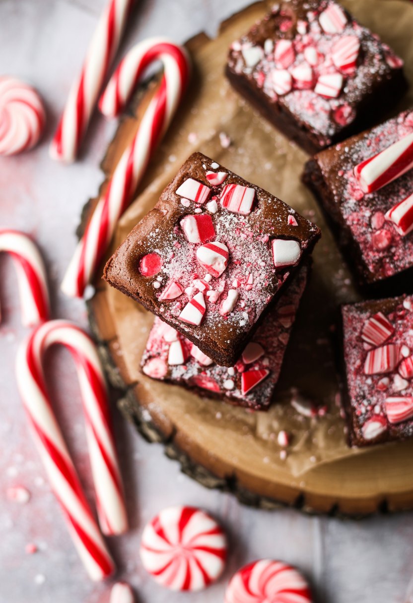 Close-up of candy cane brownies and Christmas sweets arranged on a wooden surface with bright natural light.