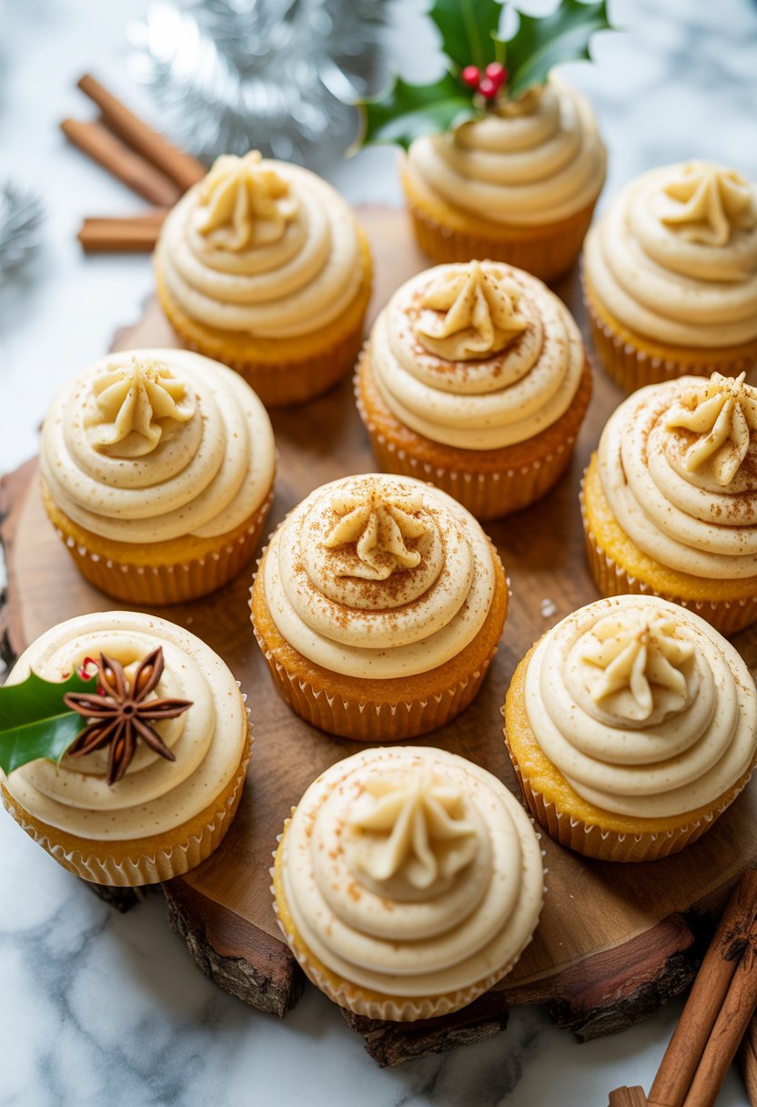 Ten eggnog cupcakes on a rustic wood surface, topped with creamy frosting and festive garnishes, photographed with a blurred background.