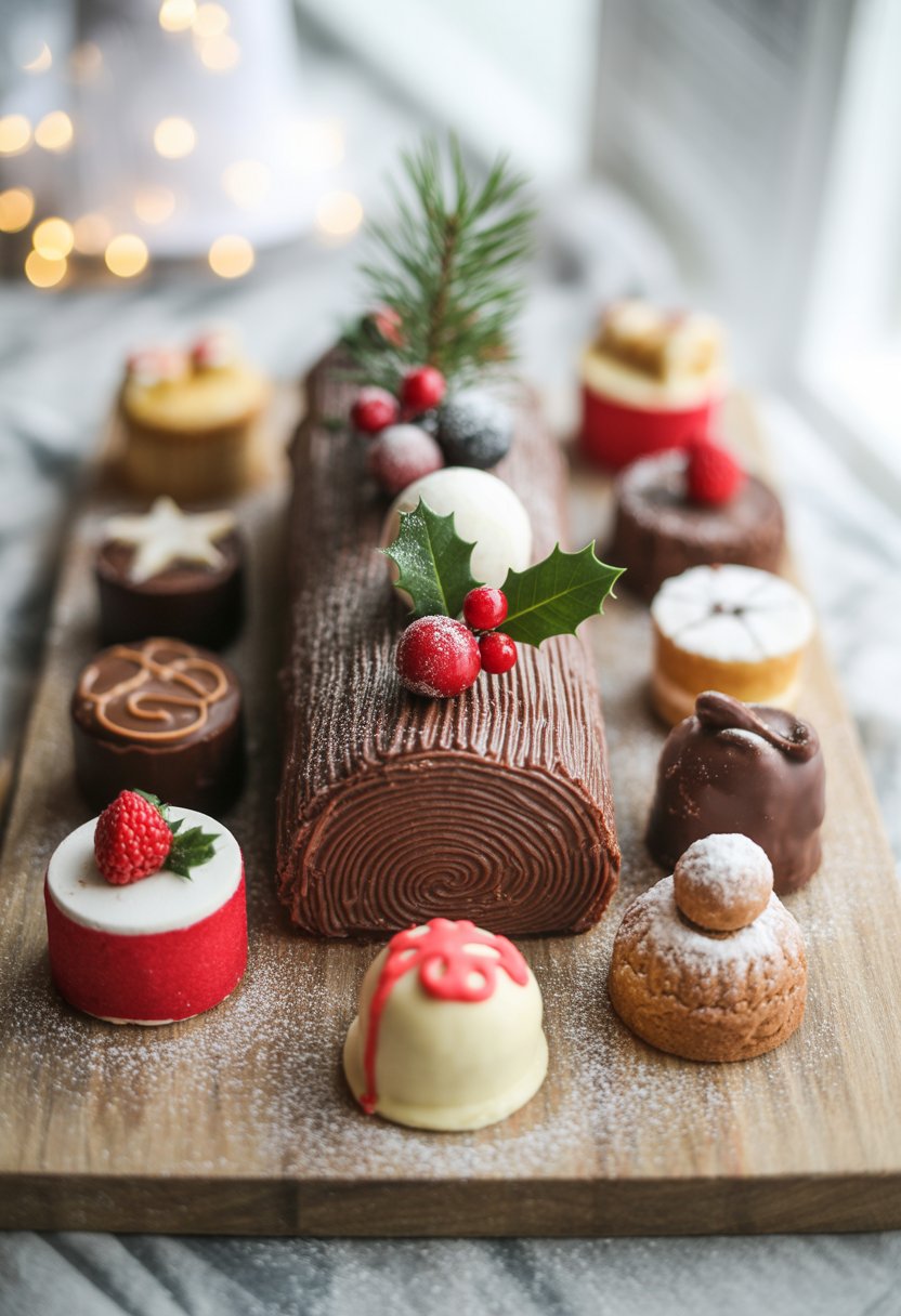 A Classic Yule Log cake surrounded by assorted Christmas sweets on a rustic surface.