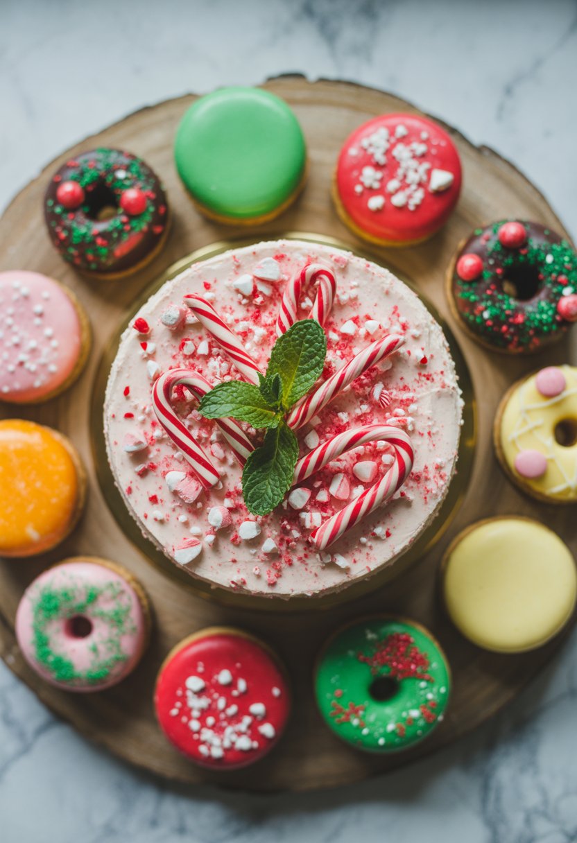 A peppermint cheesecake surrounded by various Christmas sweets on a rustic surface, with bright natural light and a softly blurred background.