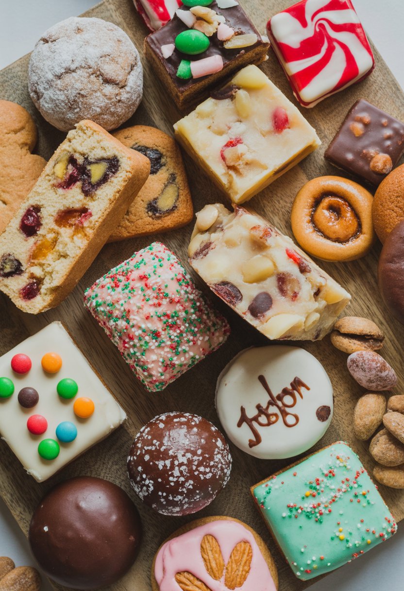 An overhead view of a variety of colorful Christmas sweets arranged on a rustic wooden or marble surface.