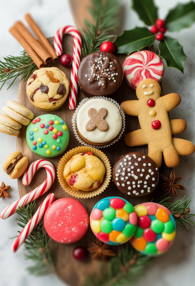 A top-down view of ten different Christmas sweets arranged on a rustic surface with holiday decorations around them.