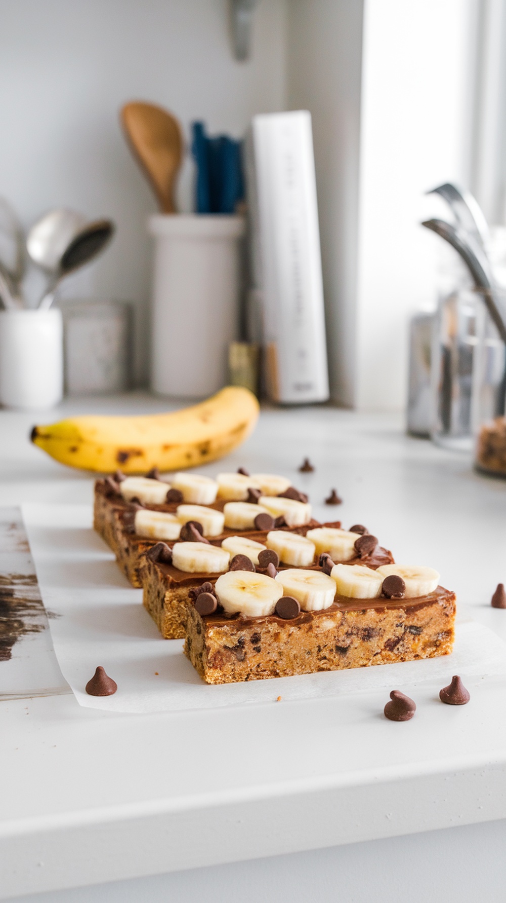 Banana chocolate chip protein bars topped with banana slices and chocolate chips on a countertop.