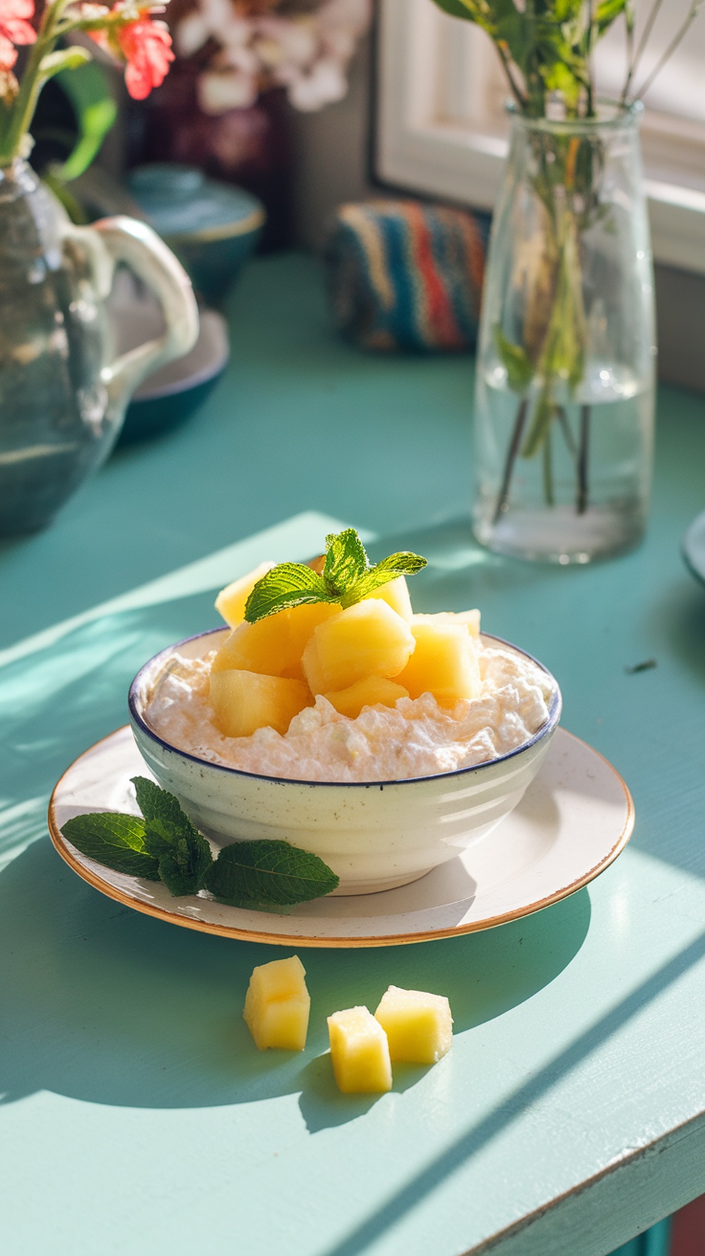 A bowl of cottage cheese topped with pineapple chunks and mint leaves on a colorful table.