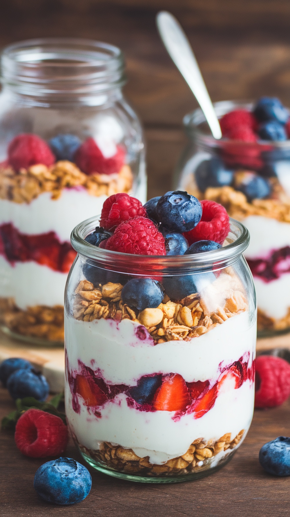 Greek yogurt parfaits with layers of berries and granola in jars