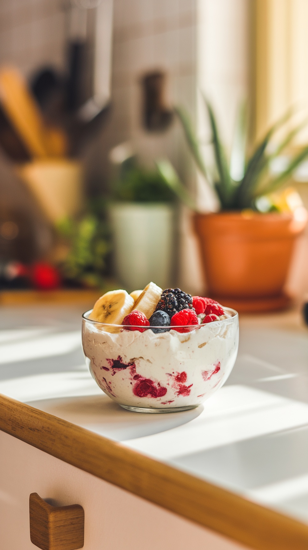 A bowl of cottage cheese topped with fresh fruits including banana slices, mixed berries, and a drizzle of honey.