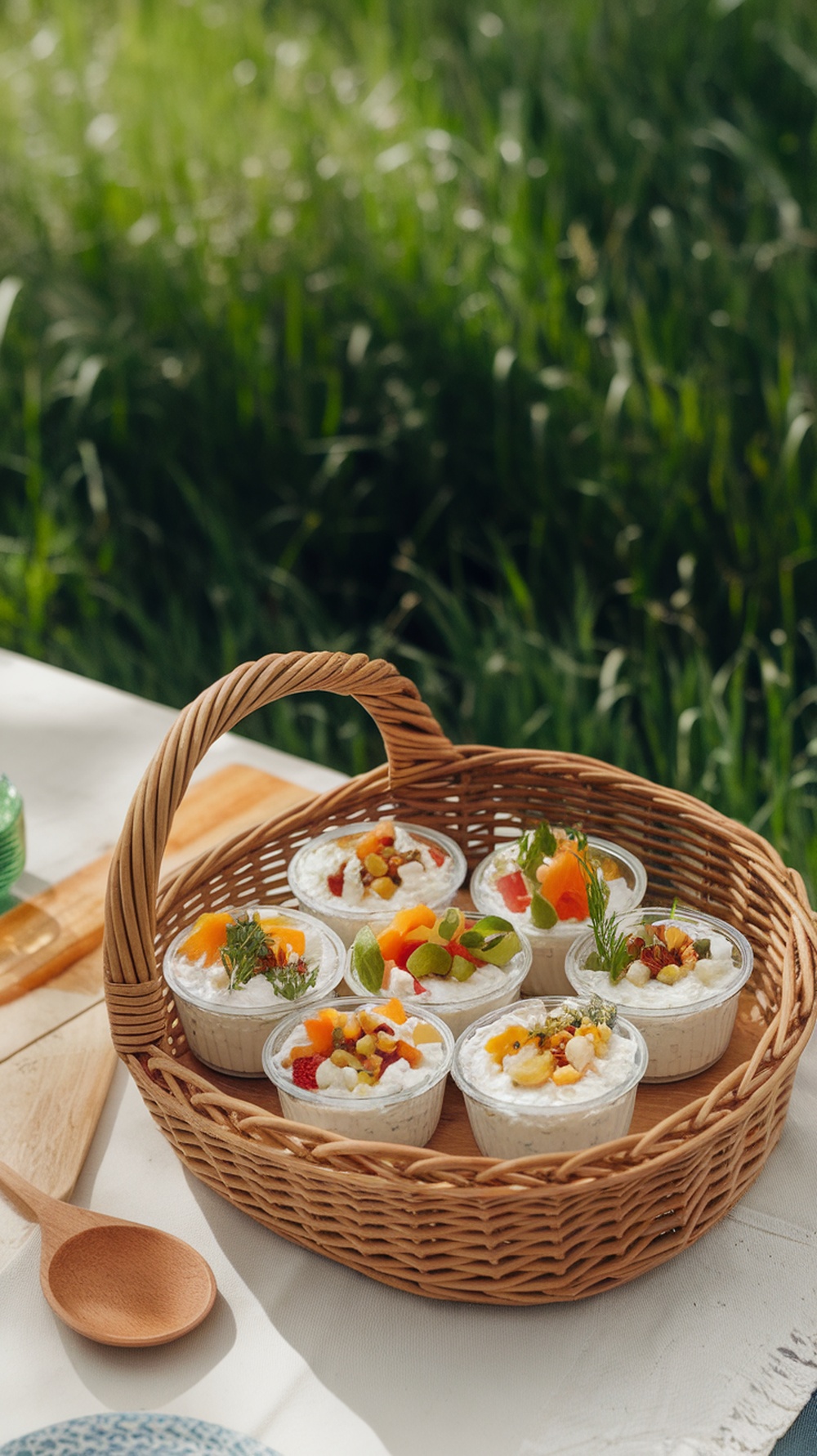 Savory cottage cheese and veggie cups in a woven basket