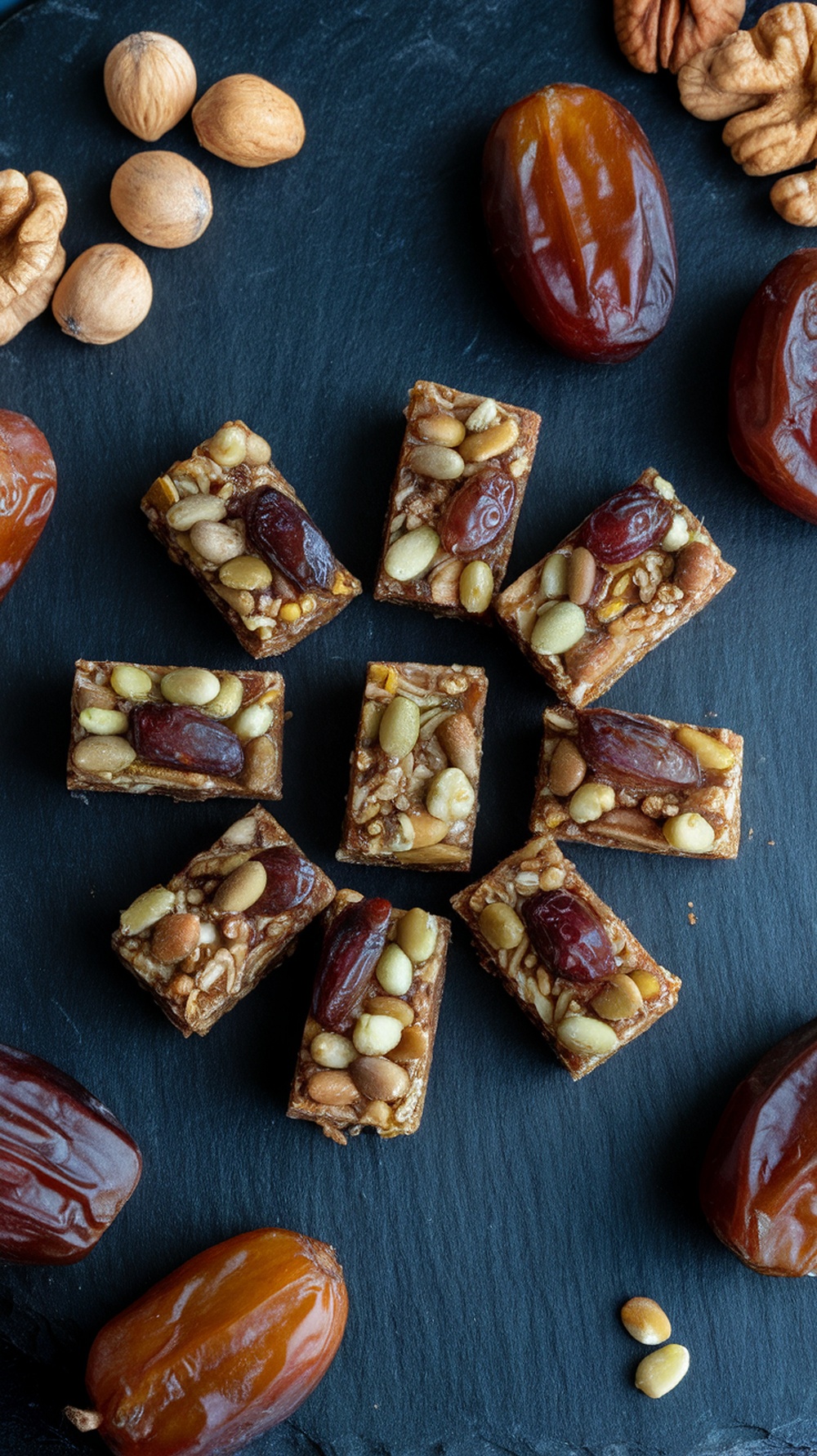 Nutty Date and Seed Bites arranged on a slate board with dates and nuts scattered around.