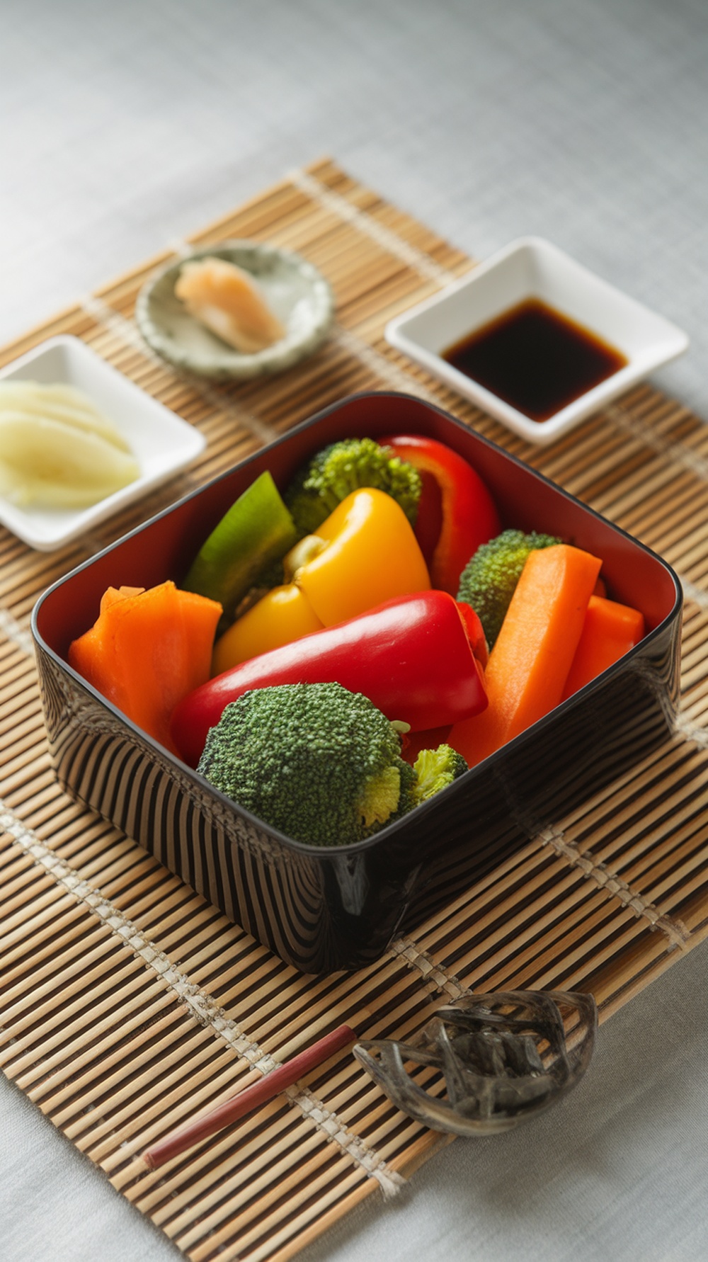 A bento box filled with colorful seasonal vegetables including bell peppers, broccoli, and carrots, alongside dipping sauces.