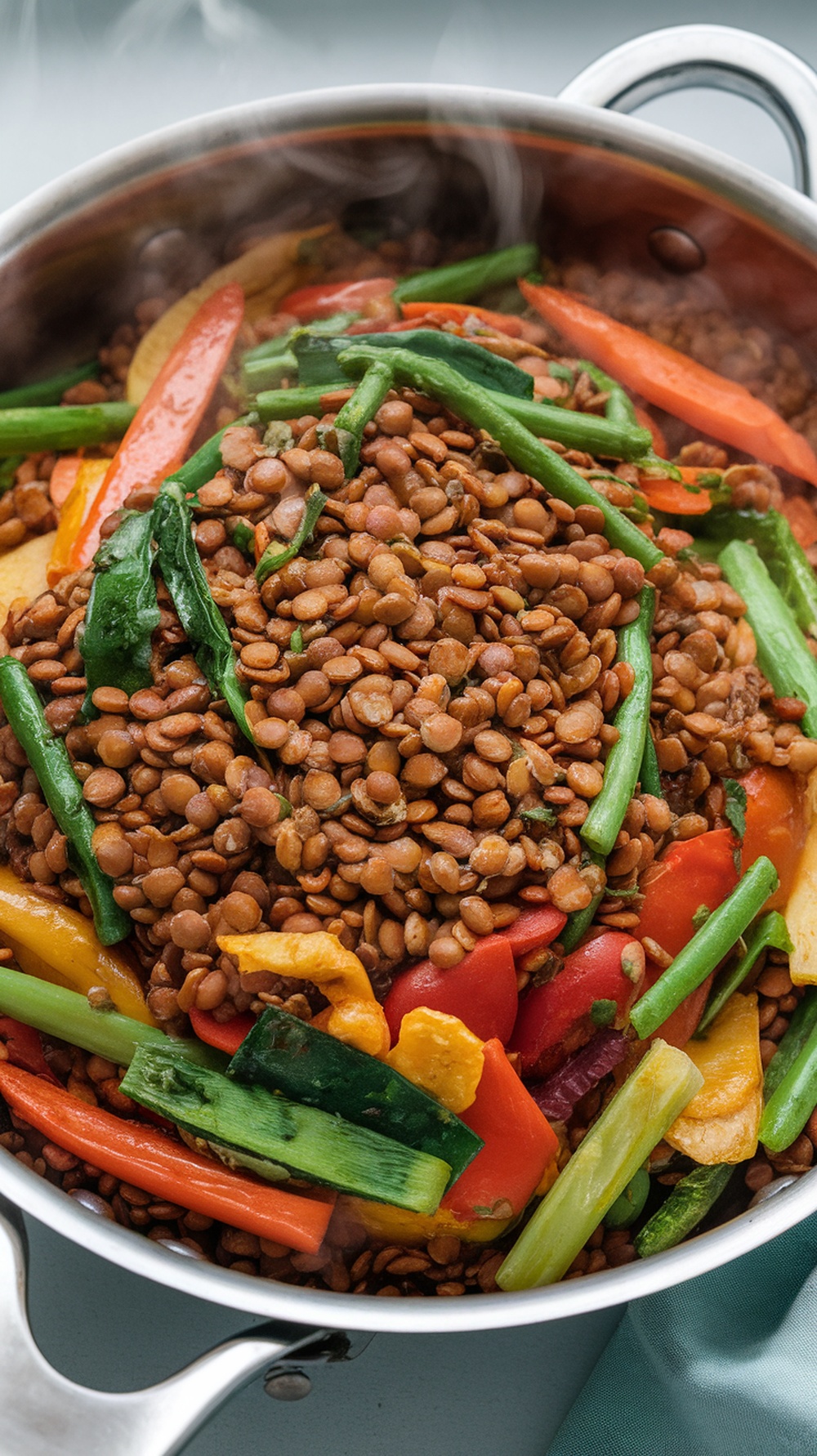 A colorful lentil and vegetable stir-fry in a pot, showcasing a mix of lentils and vibrant vegetables.