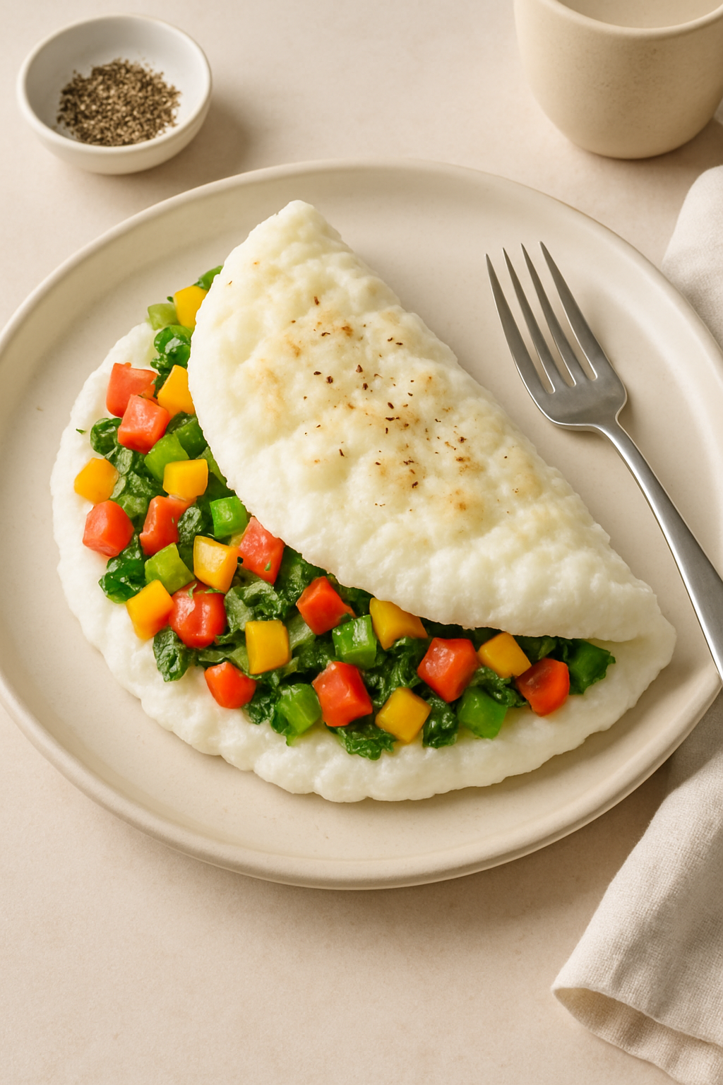A delicious egg white omelette filled with colorful diced vegetables.