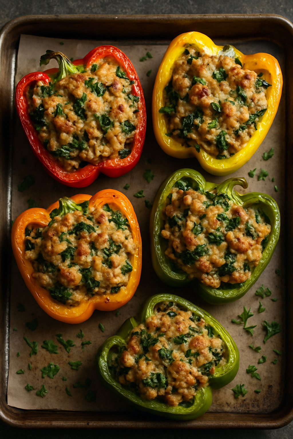 Colorful stuffed bell peppers filled with turkey and spinach on a baking tray.