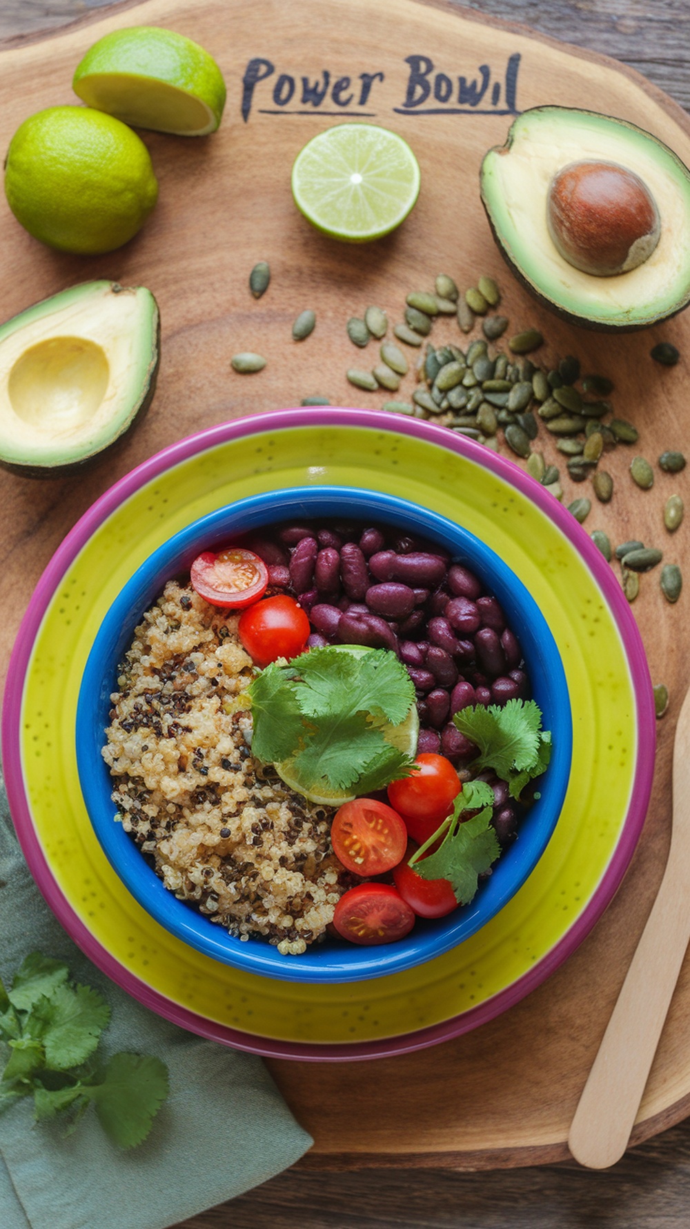A colorful quinoa and black bean power bowl with cherry tomatoes, avocado, and lime.