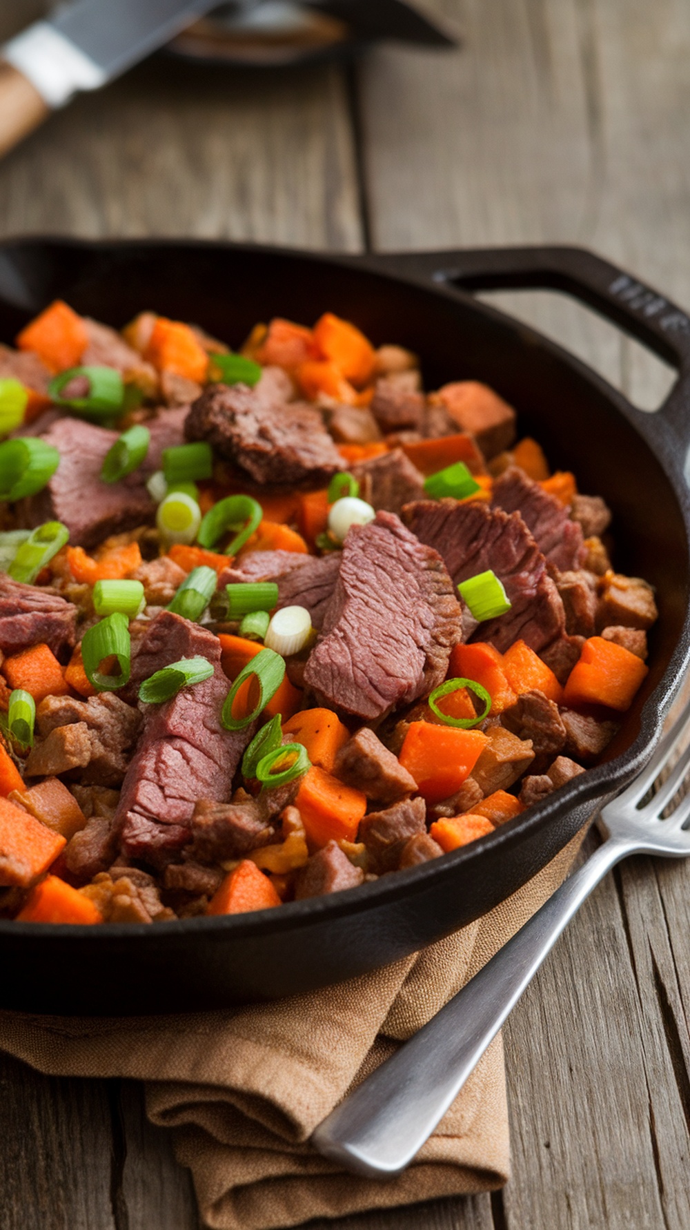 A delicious beef and sweet potato hash in a skillet, garnished with green onions.
