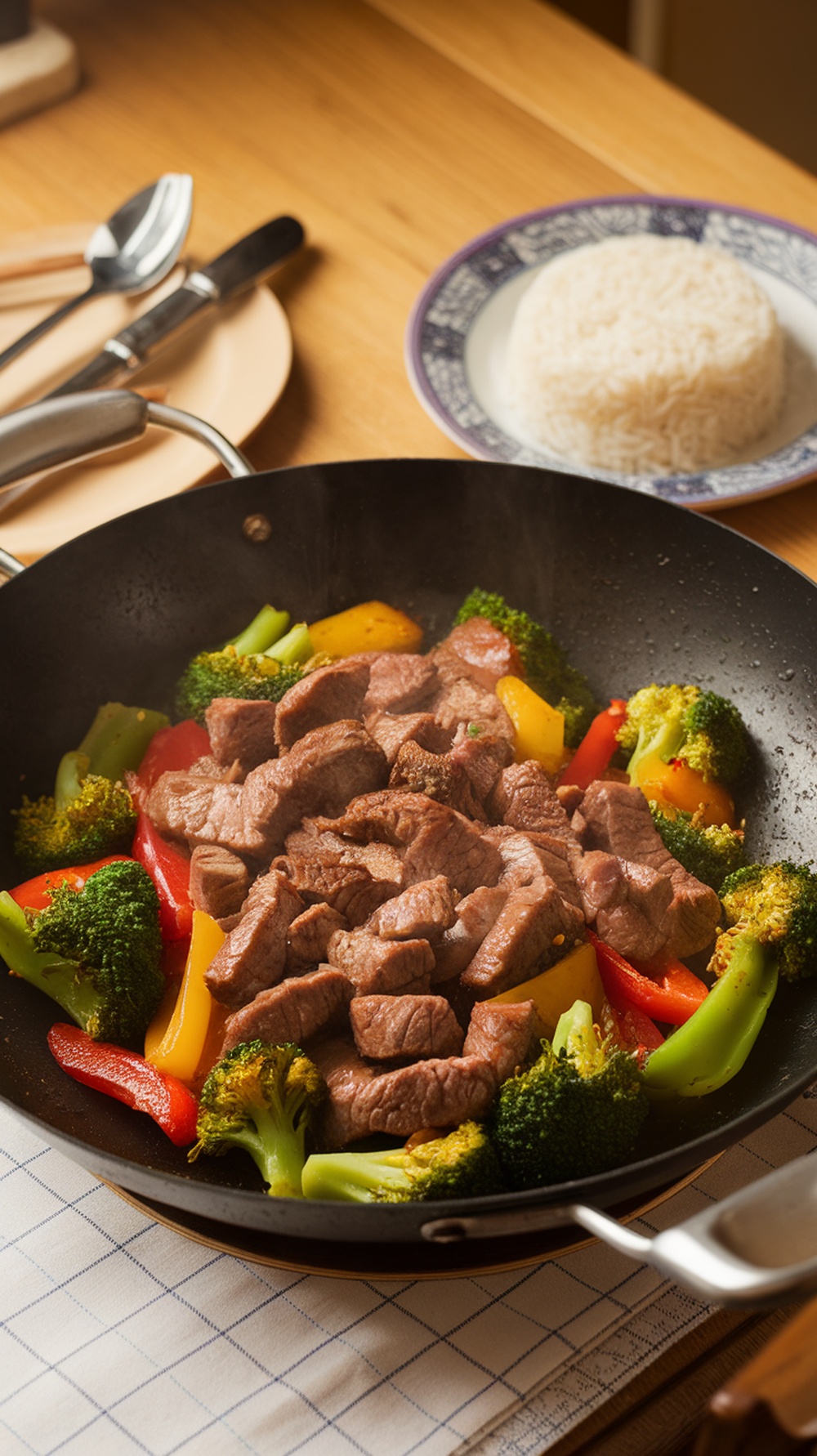A delicious beef stir-fry with broccoli and colorful bell peppers, served with rice.