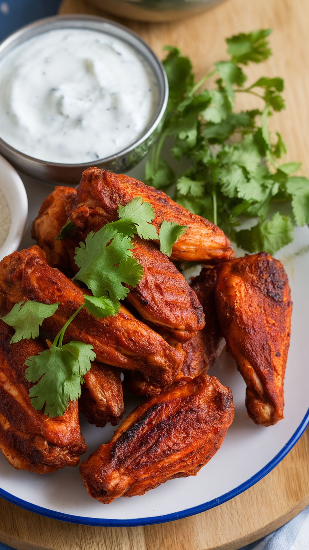 Delicious tandoori chicken wings garnished with cilantro, served with a yogurt dip.