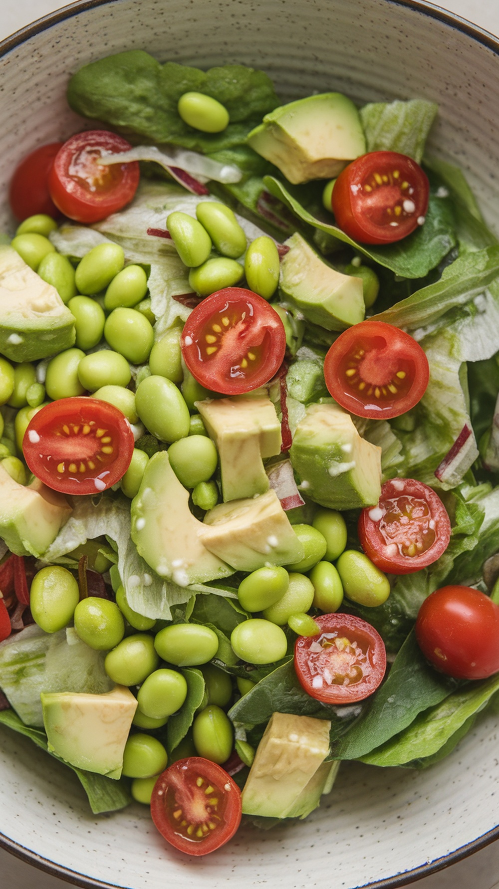 A colorful bowl of edamame and avocado salad with cherry tomatoes and greens.