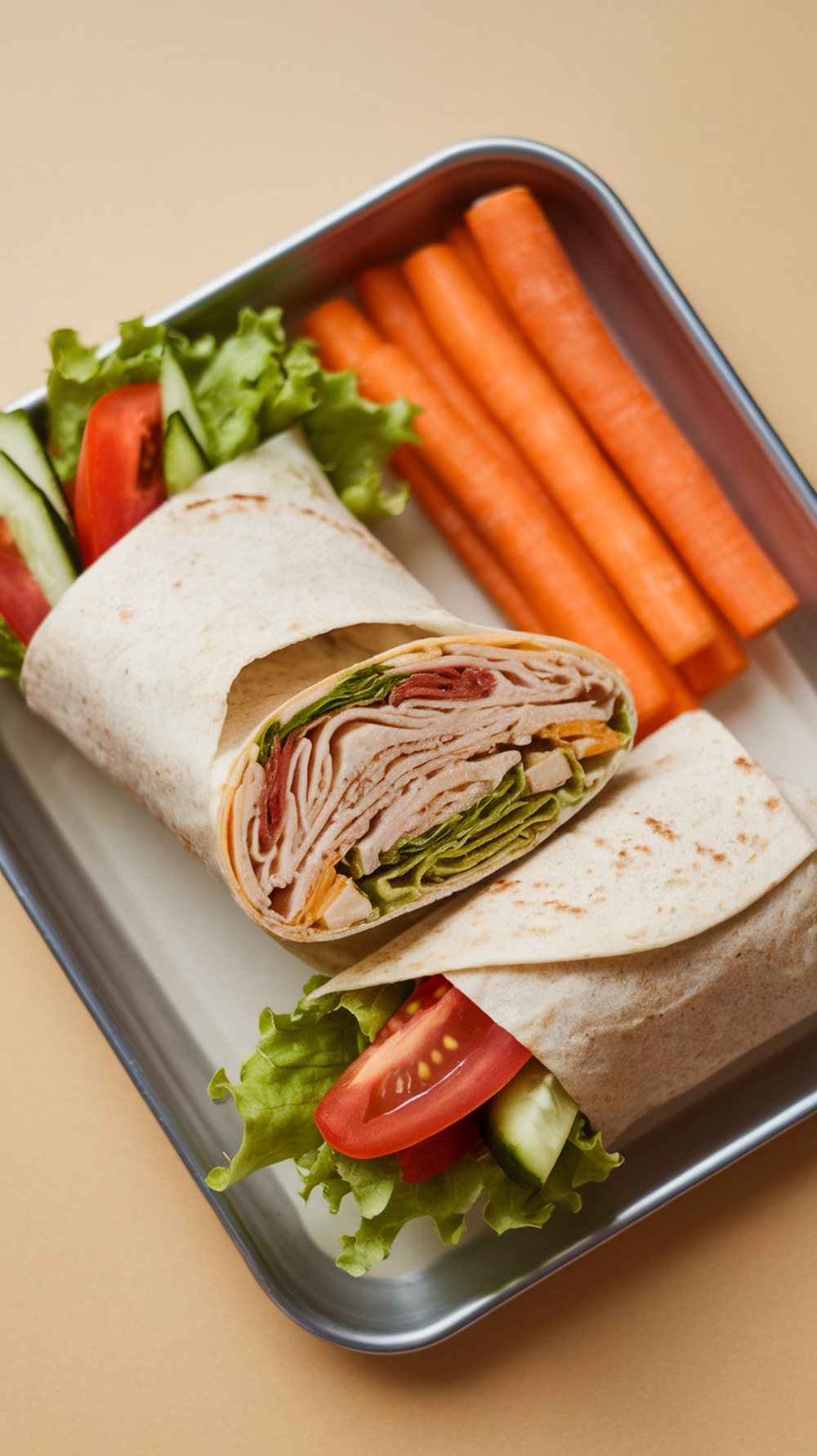 A turkey and hummus wrap with lettuce, tomato, and cucumber, served with carrot sticks.