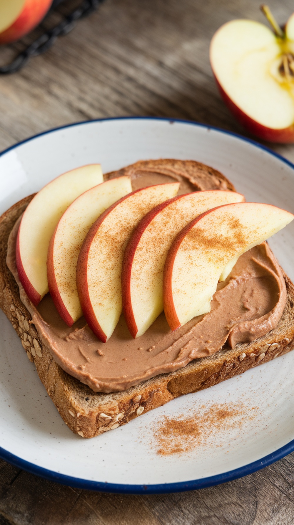 Almond butter and apple toast on a plate