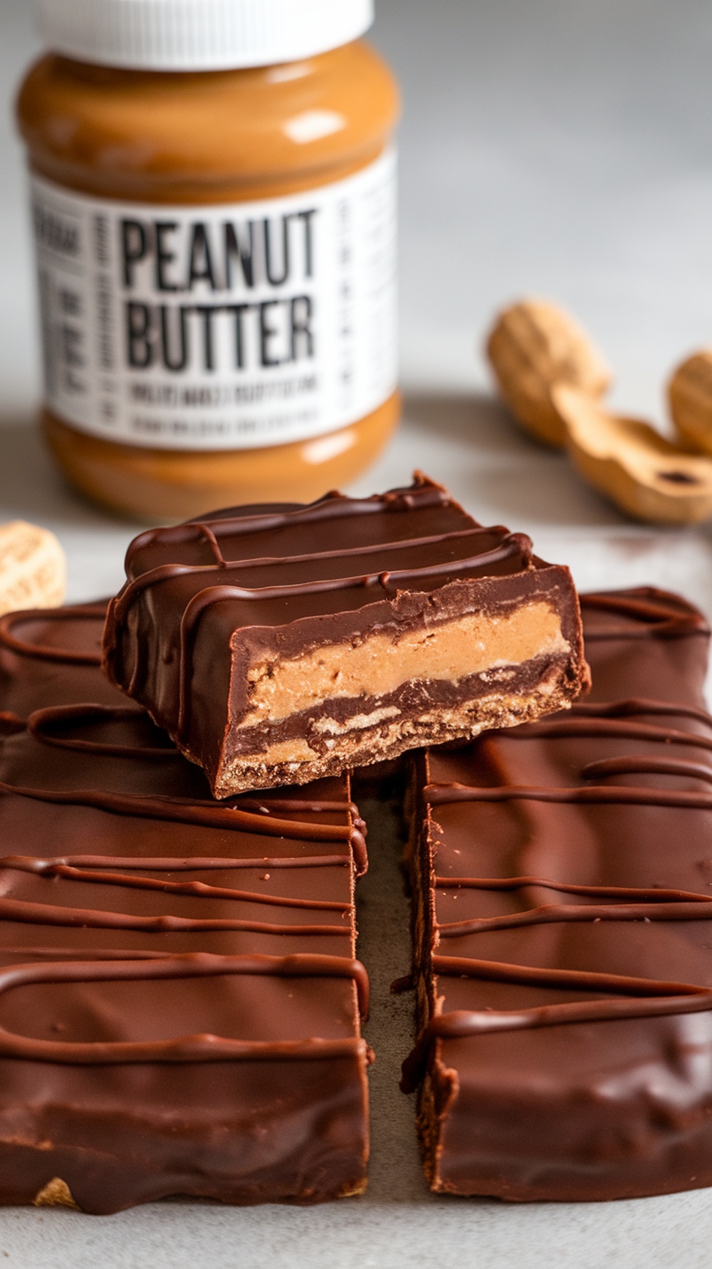 Homemade chocolate peanut butter protein bars with a jar of peanut butter in the background.