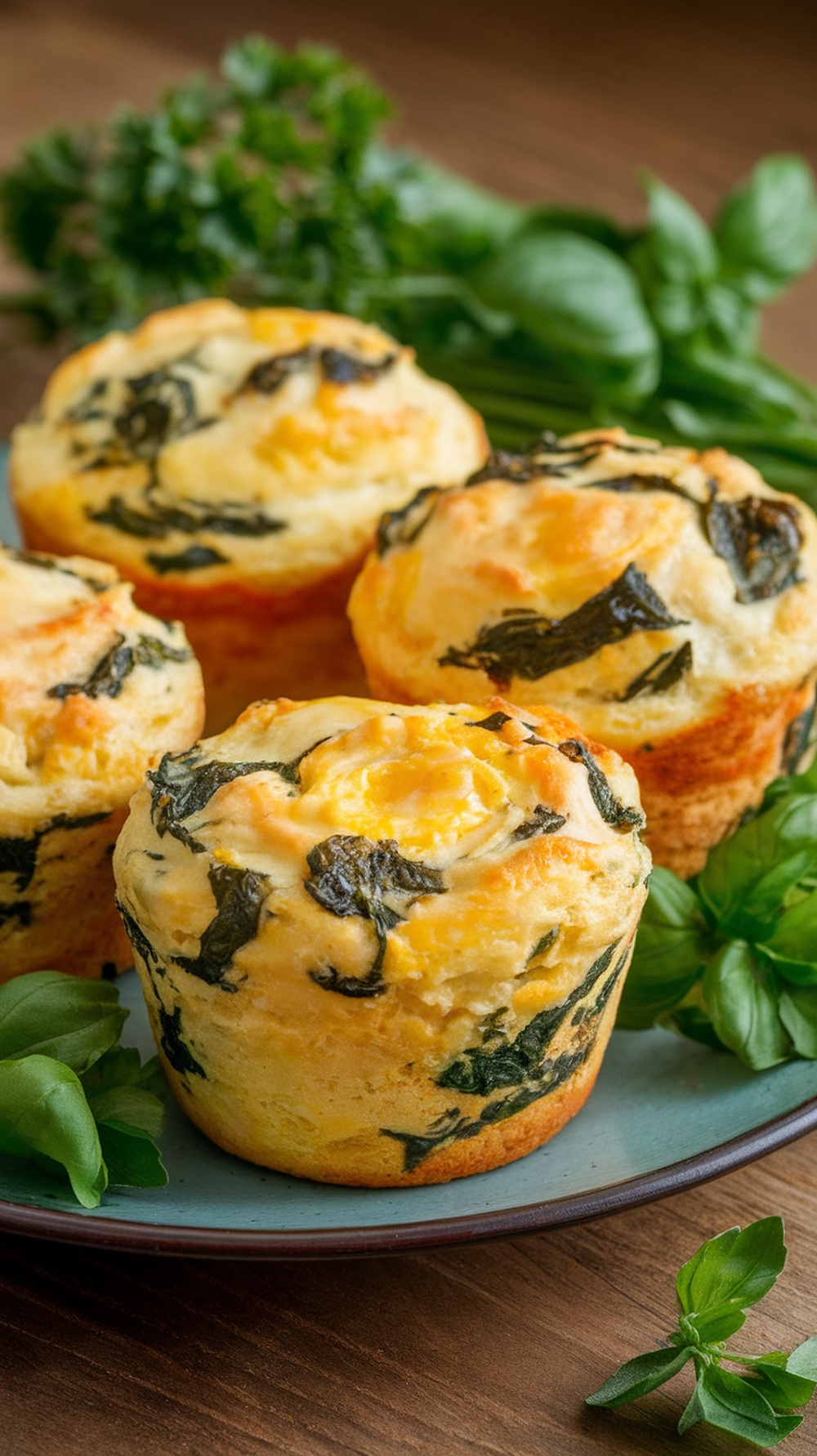 Egg muffins with spinach and cheese on a plate