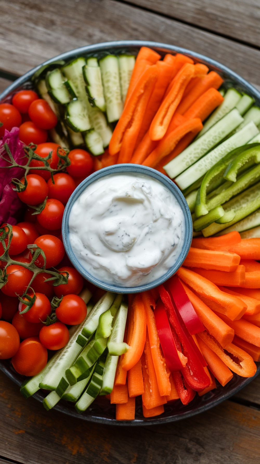 A colorful platter of fresh vegetables with a bowl of Greek yogurt and herb dip in the center.