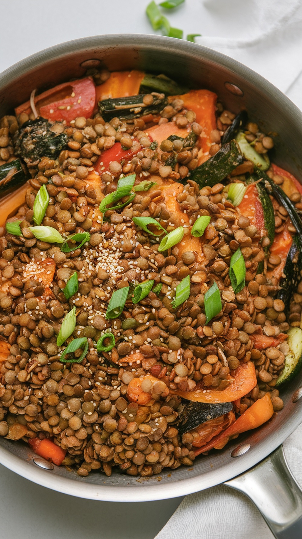 A delicious lentil and vegetable stir-fry in a pan, garnished with green onions and sesame seeds.
