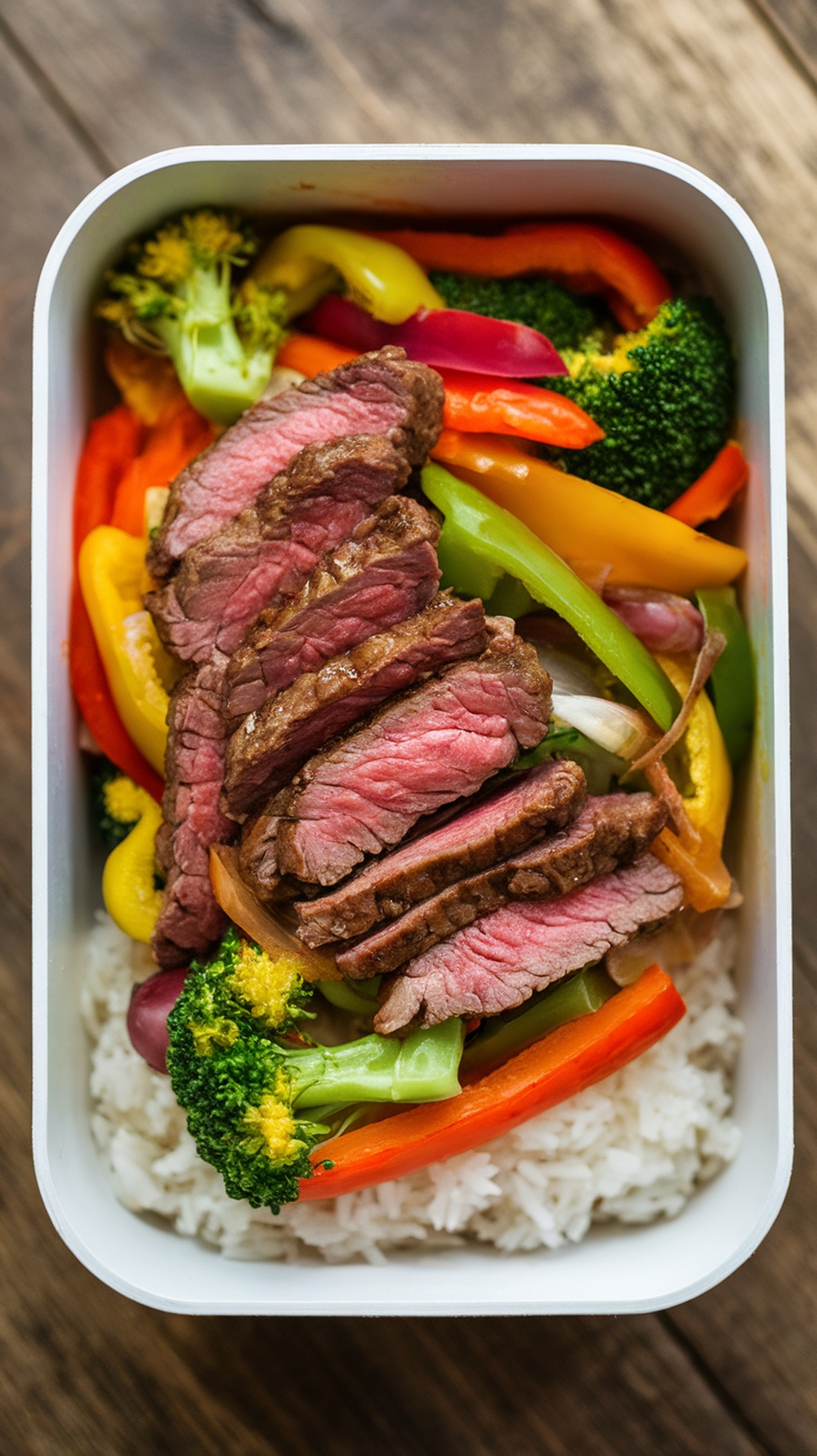 A delicious beef stir-fry with colorful vegetables served over rice.