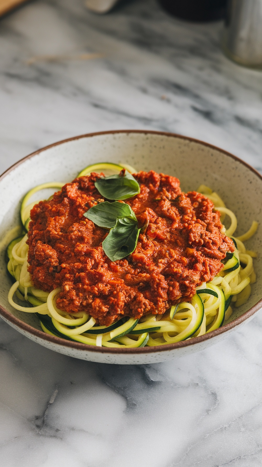 A bowl of zucchini noodles topped with beef Bolognese sauce and fresh basil.