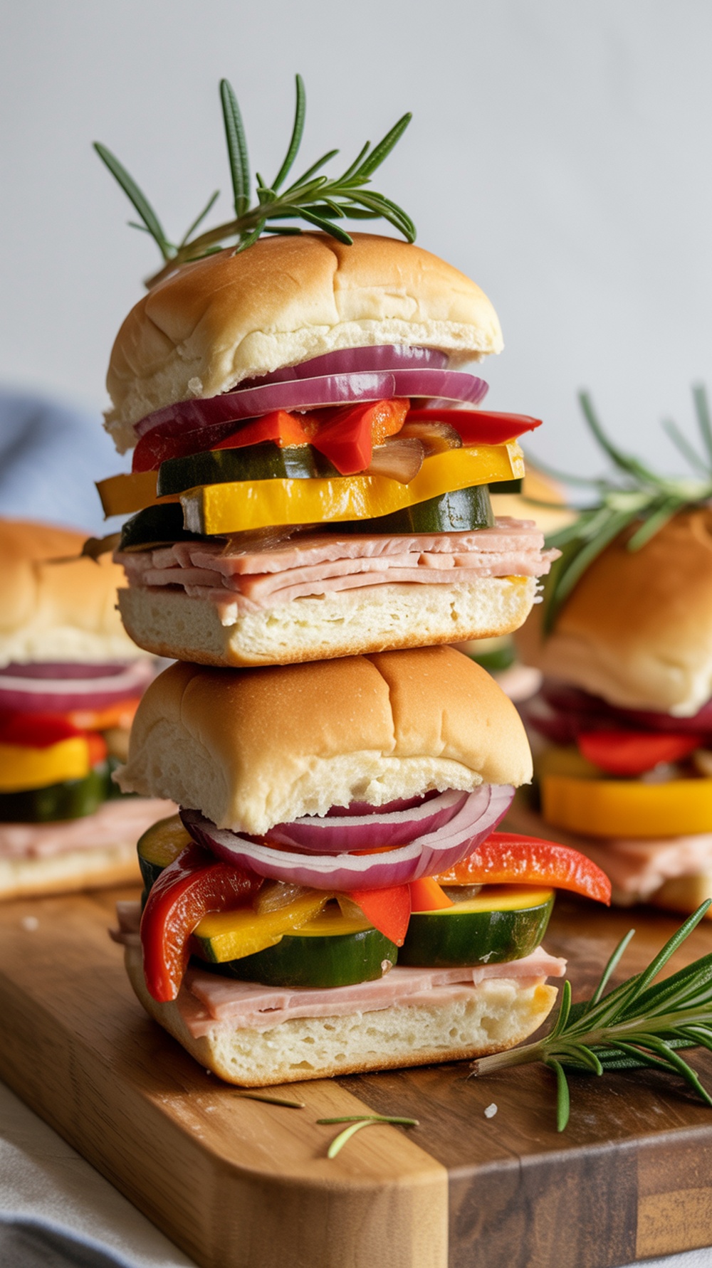 Mini turkey and veggie sliders stacked on a wooden board with fresh rosemary.