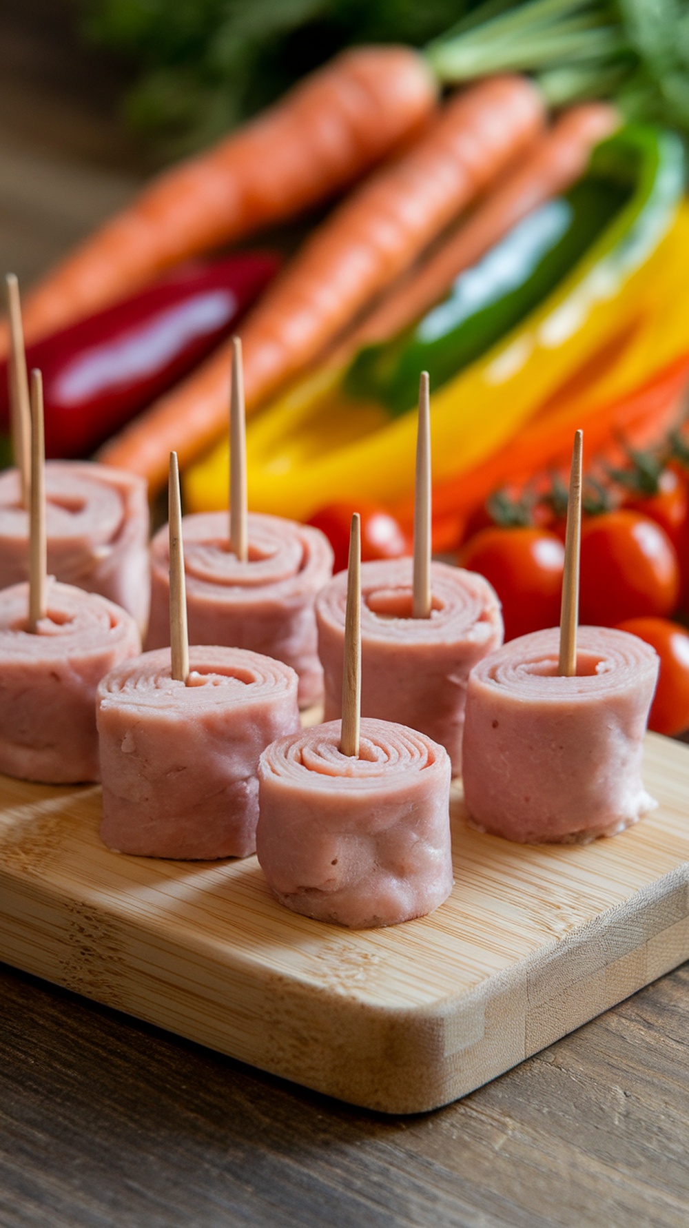 Mini turkey and cheese roll-ups on a wooden board with colorful vegetables in the background.