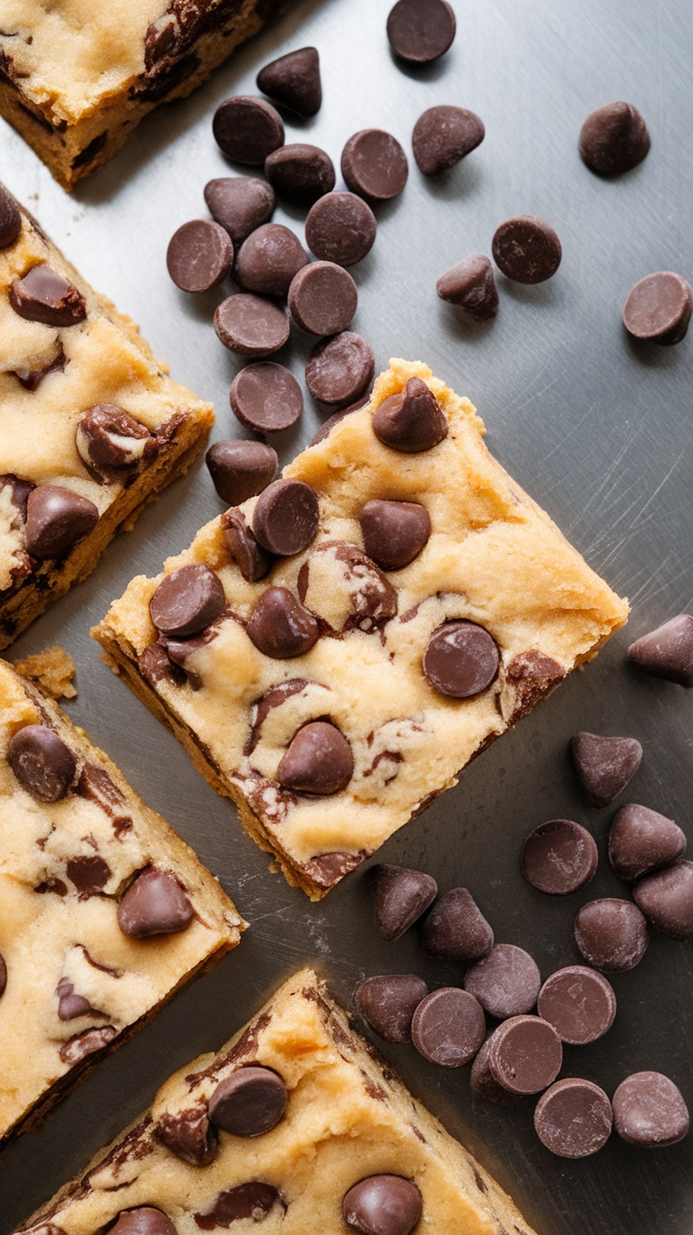 Delicious chocolate chip cookie dough bars with chocolate chips scattered around