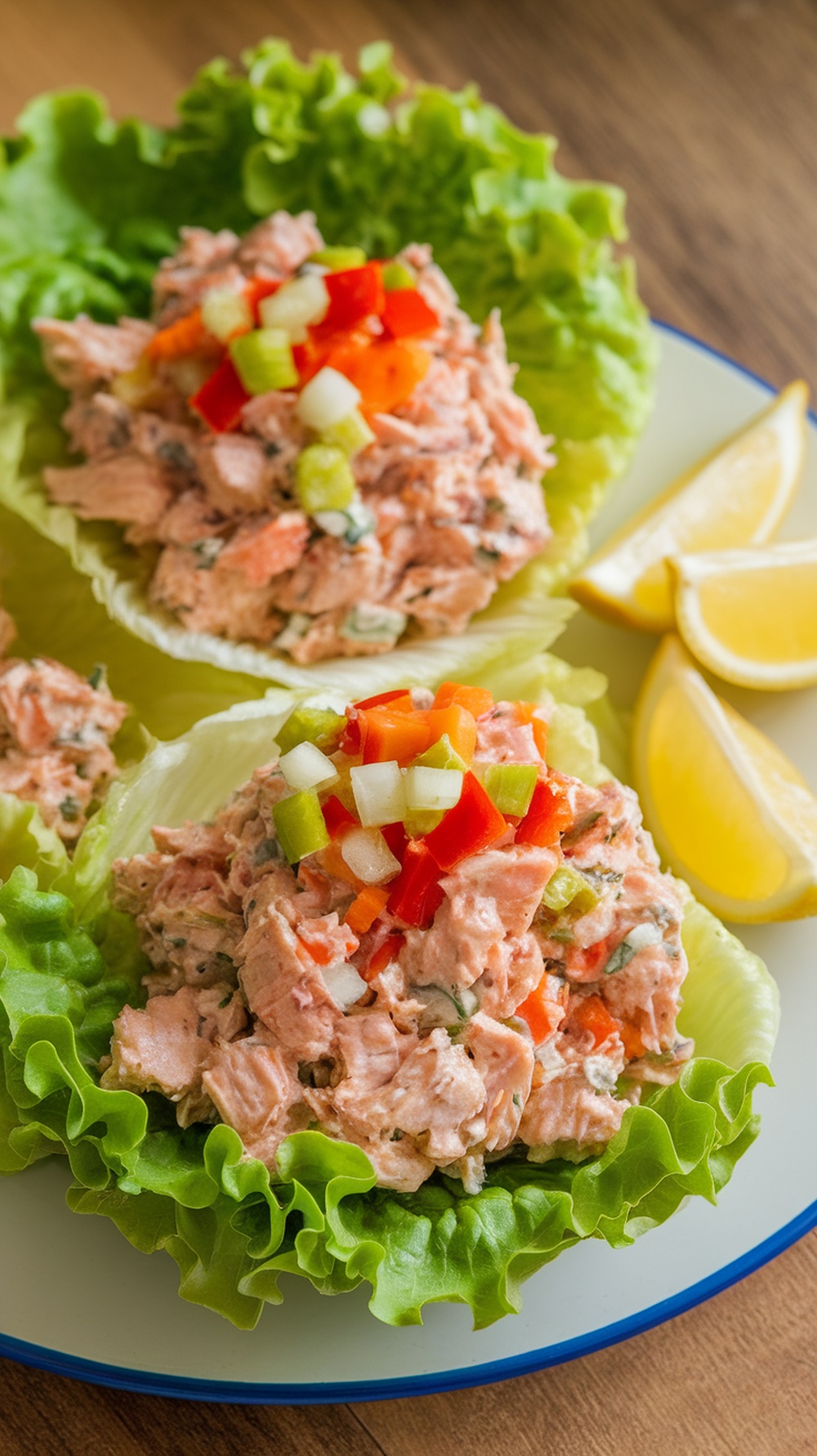 Tuna salad served in lettuce wraps with diced vegetables and lemon wedges