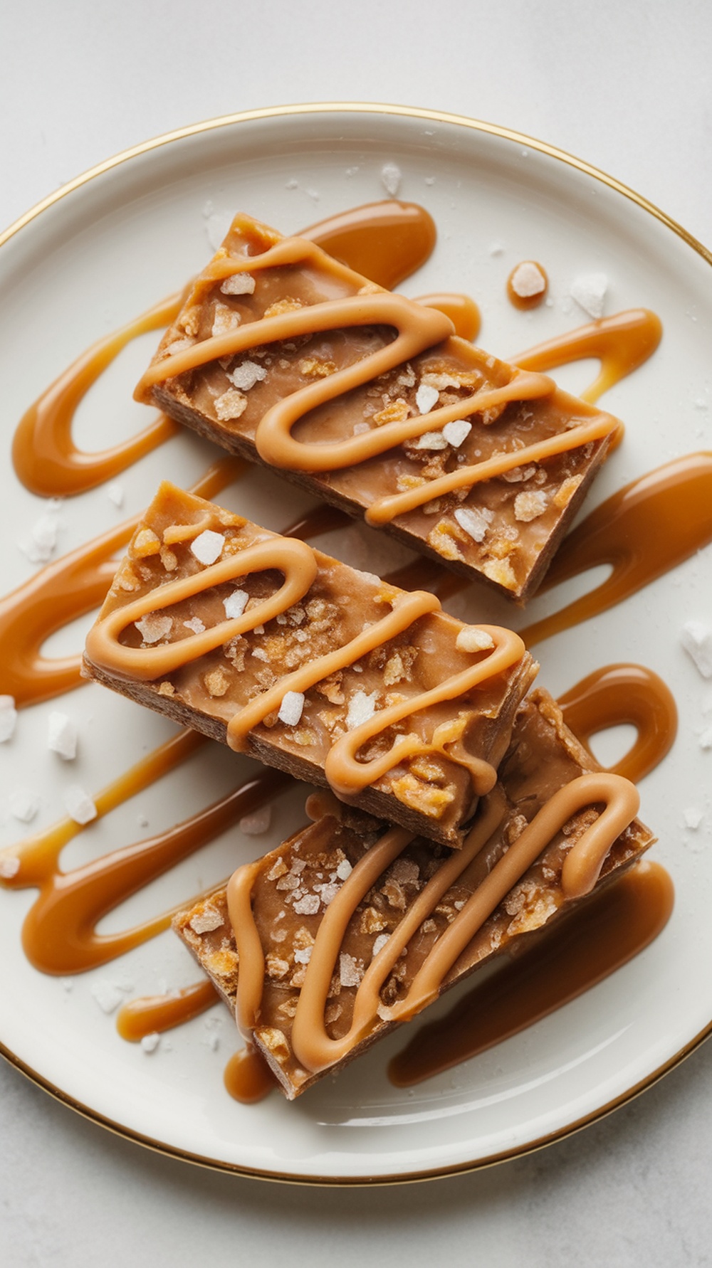 Homemade caramel sea salt protein bars drizzled with caramel sauce and topped with sea salt flakes.