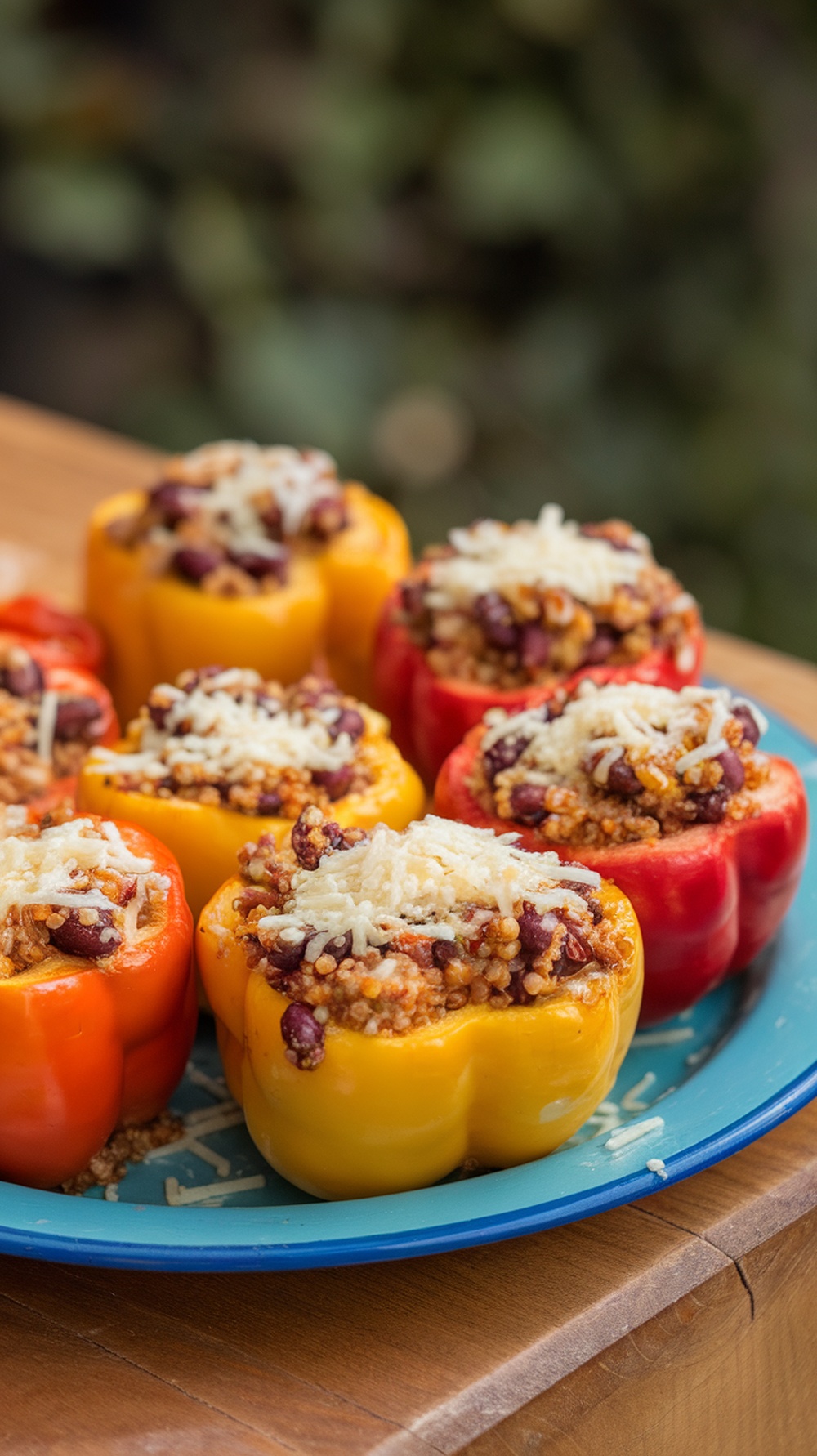 Colorful stuffed bell peppers filled with quinoa and beans, topped with cheese.