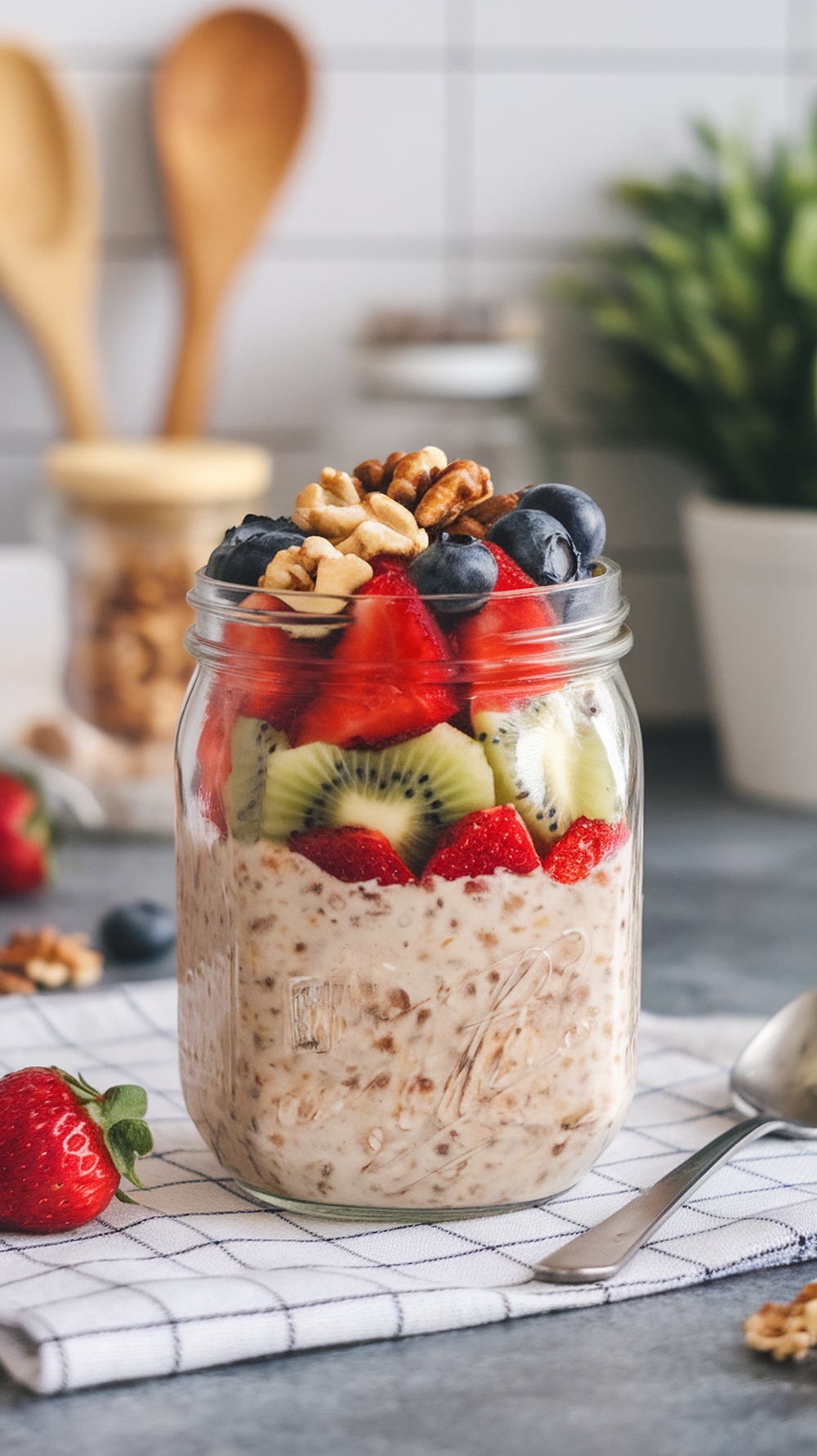 A jar of overnight oats topped with fresh fruits and nuts