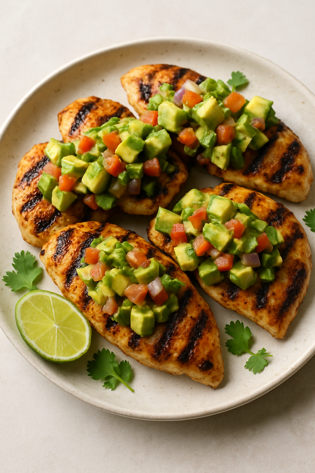 Grilled chicken topped with avocado salsa on a plate